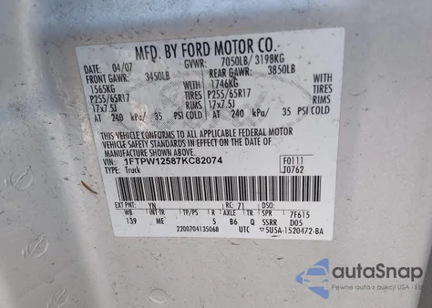 2007 Ford F-150 Lariat/Xlt z USA, uszkodzony, nr VIN 1FTPW12587KC82074